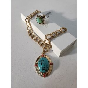 Barse Genuine Bronza & Genuine Turquoise Cocktail Necklace And Ring